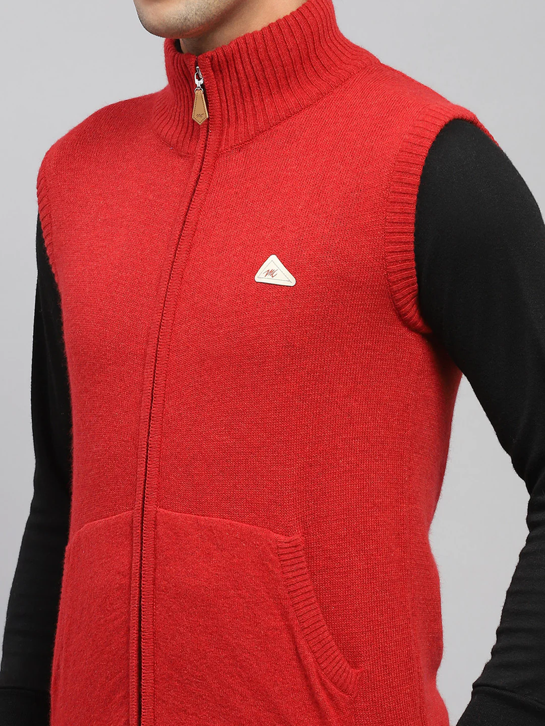 Men Maroon Solid High Neck Sleeveless Sweater - Image 6