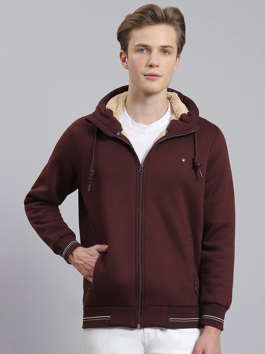 Men Maroon Solid Hooded Full Sleeve Sweatshirt - Image 5