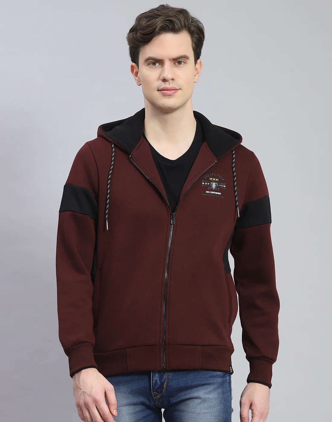 Men Maroon Solid Hooded Full Sleeve Sweatshirt - Image 2