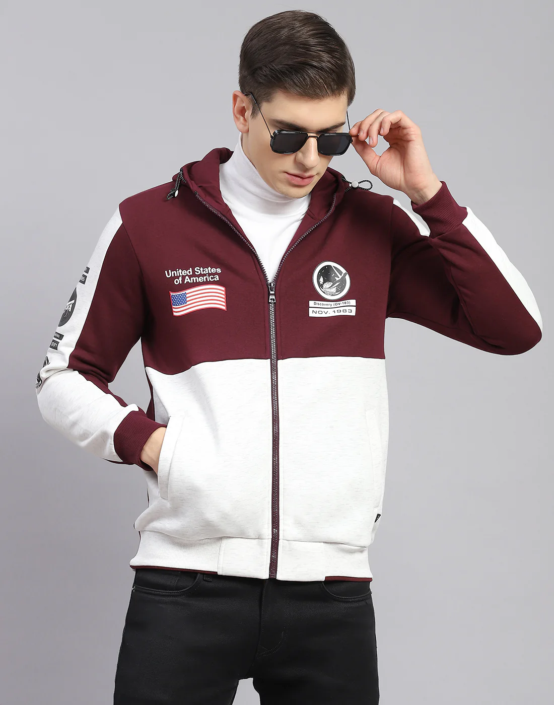 Men Maroon Solid Hooded Full Sleeve Sweatshirt - Image 2