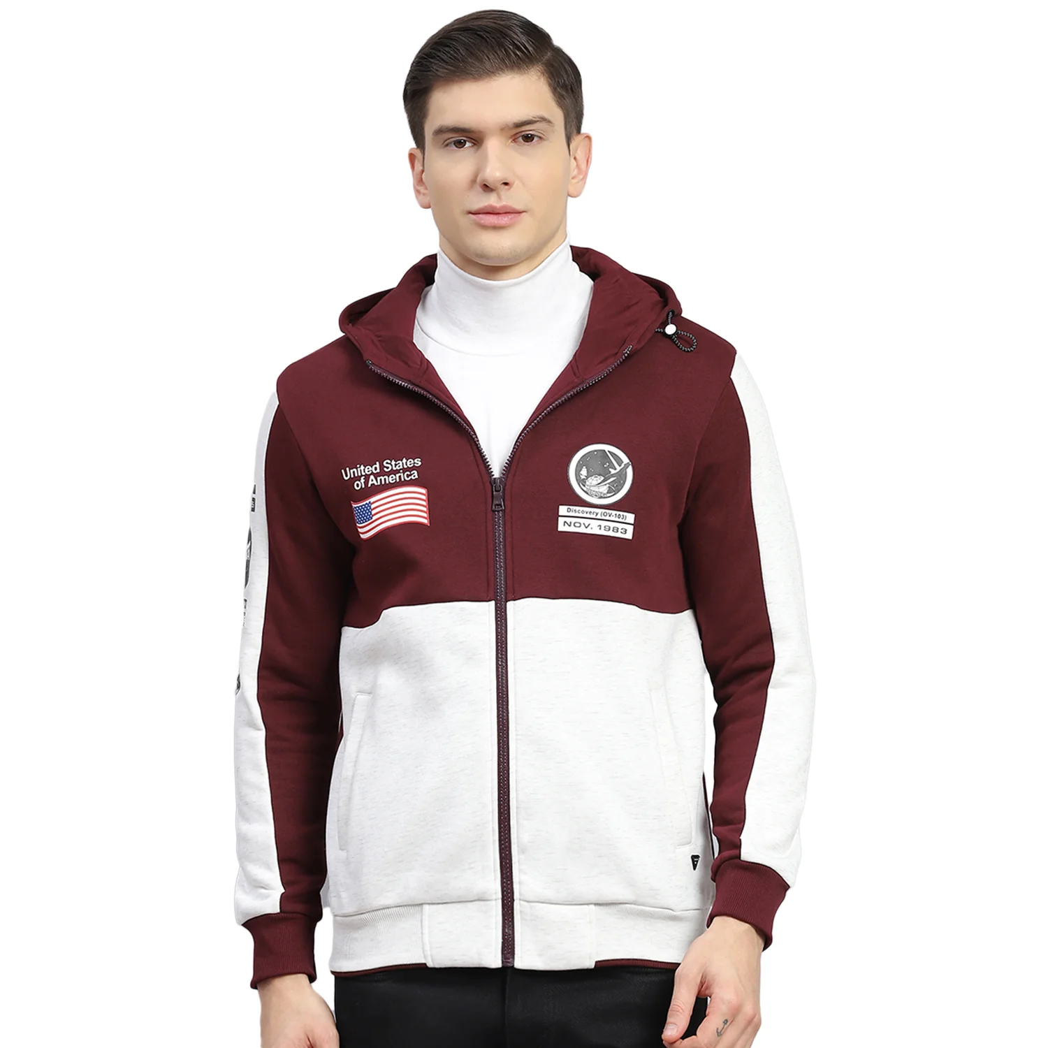 Men Maroon Solid Hooded Full Sleeve Sweatshirt - Image 5