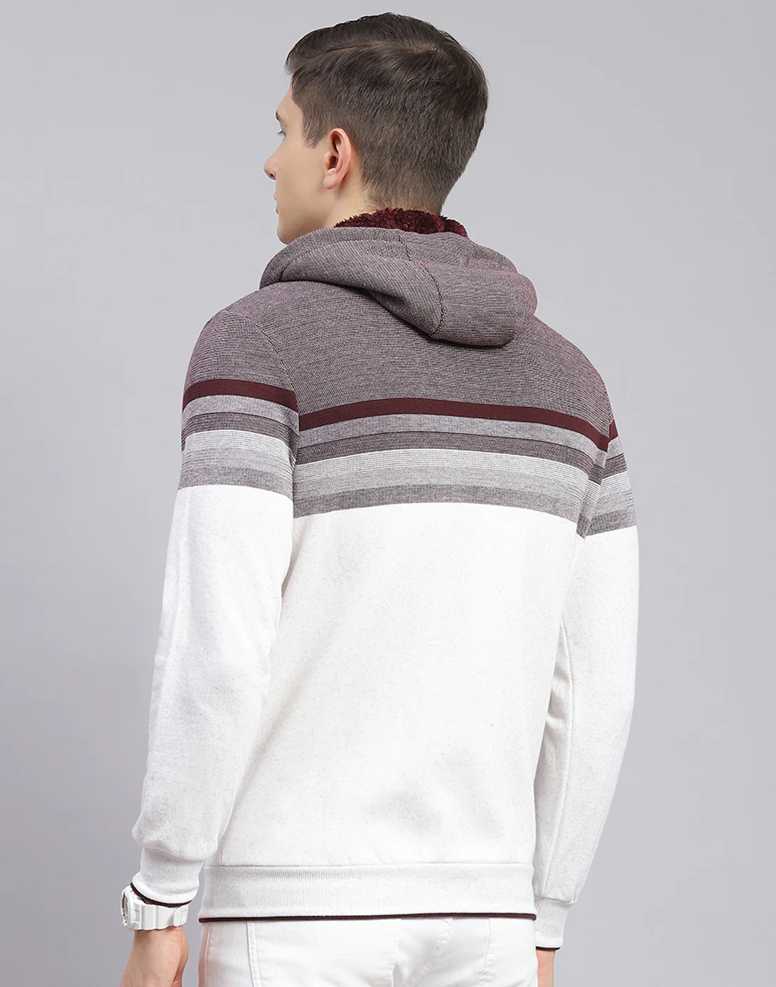 Men Maroon Solid Hooded Full Sleeve Sweatshirt - Image 5