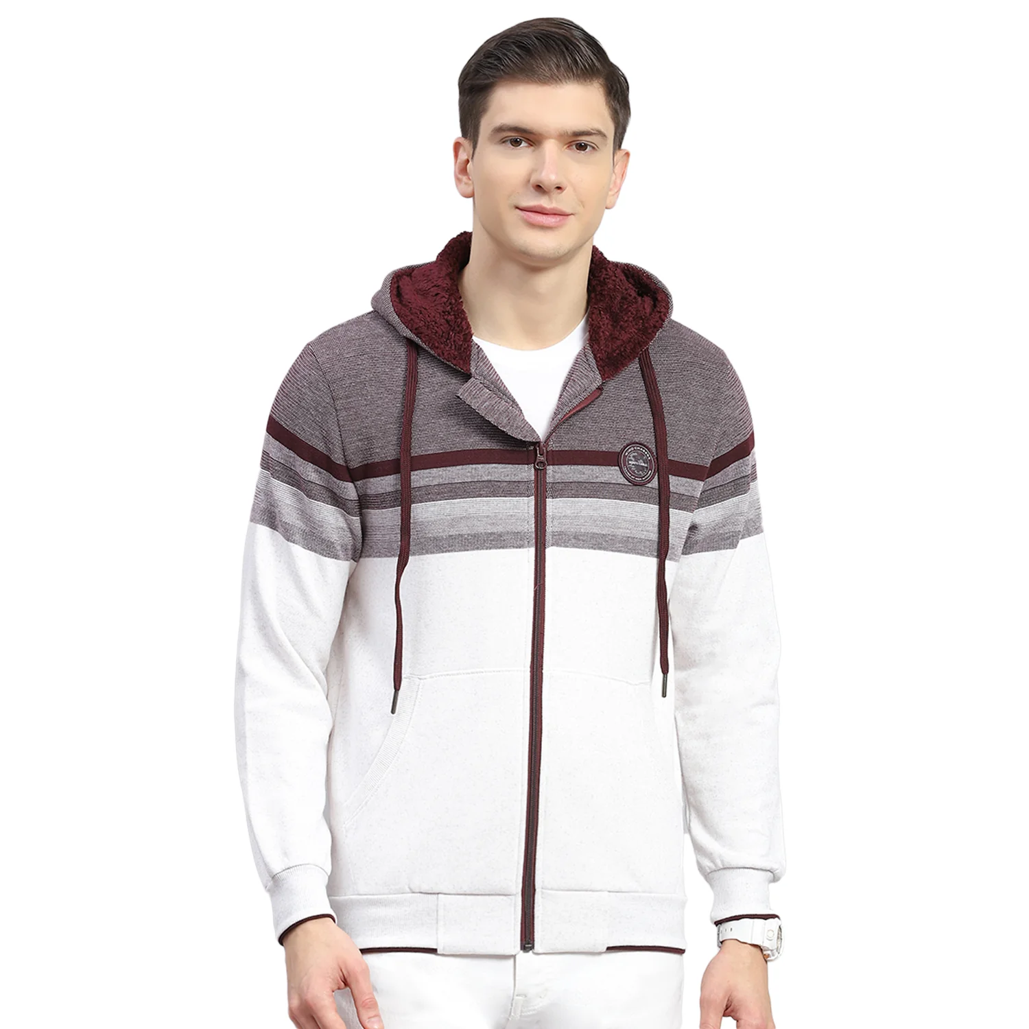 Men Maroon Solid Hooded Full Sleeve Sweatshirt - Image 6