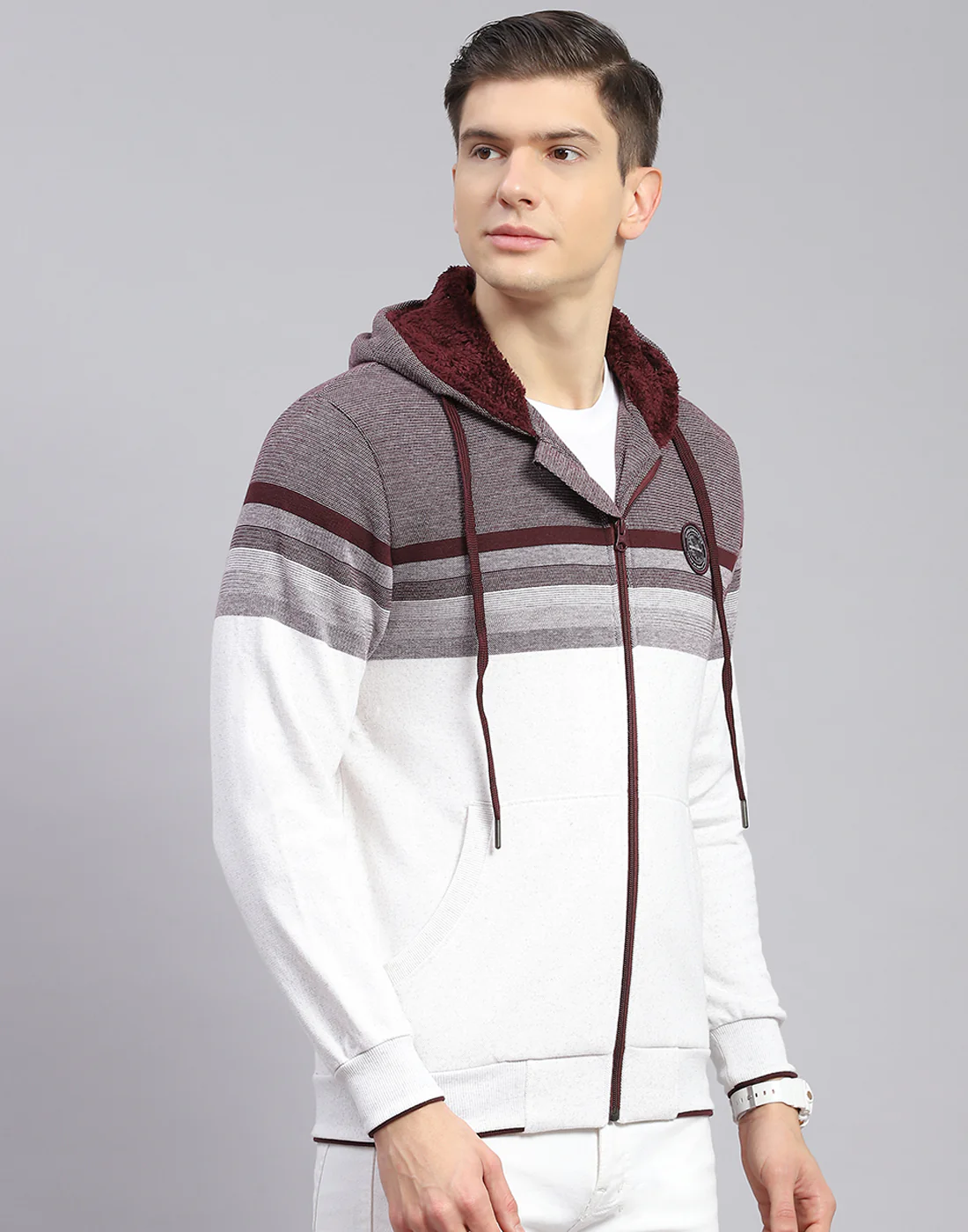 Men Maroon Solid Hooded Full Sleeve Sweatshirt - Image 7