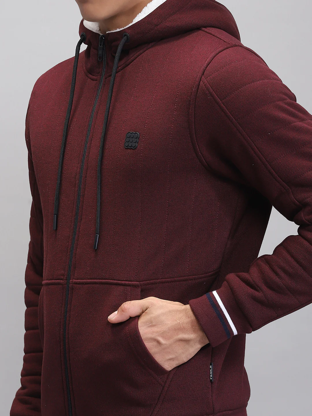 Rock.it Men Maroon Solid Hooded Full Sleeve Sweatshirt - Image 6