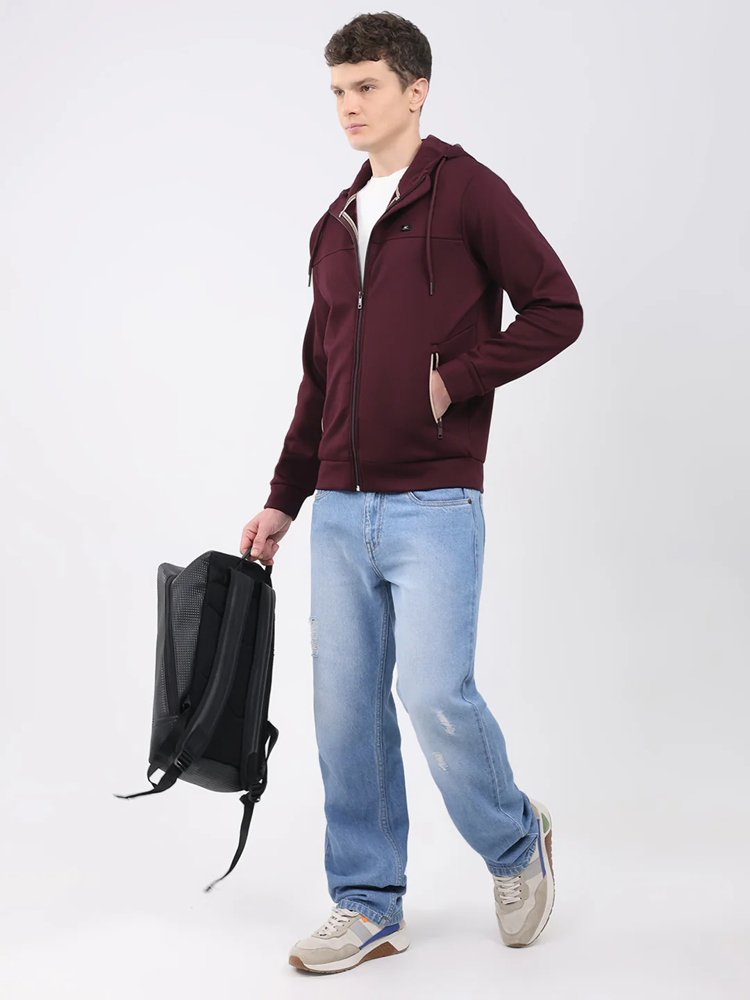 Men Maroon Solid Hooded Full Sleeve Sweatshirt - Image 2