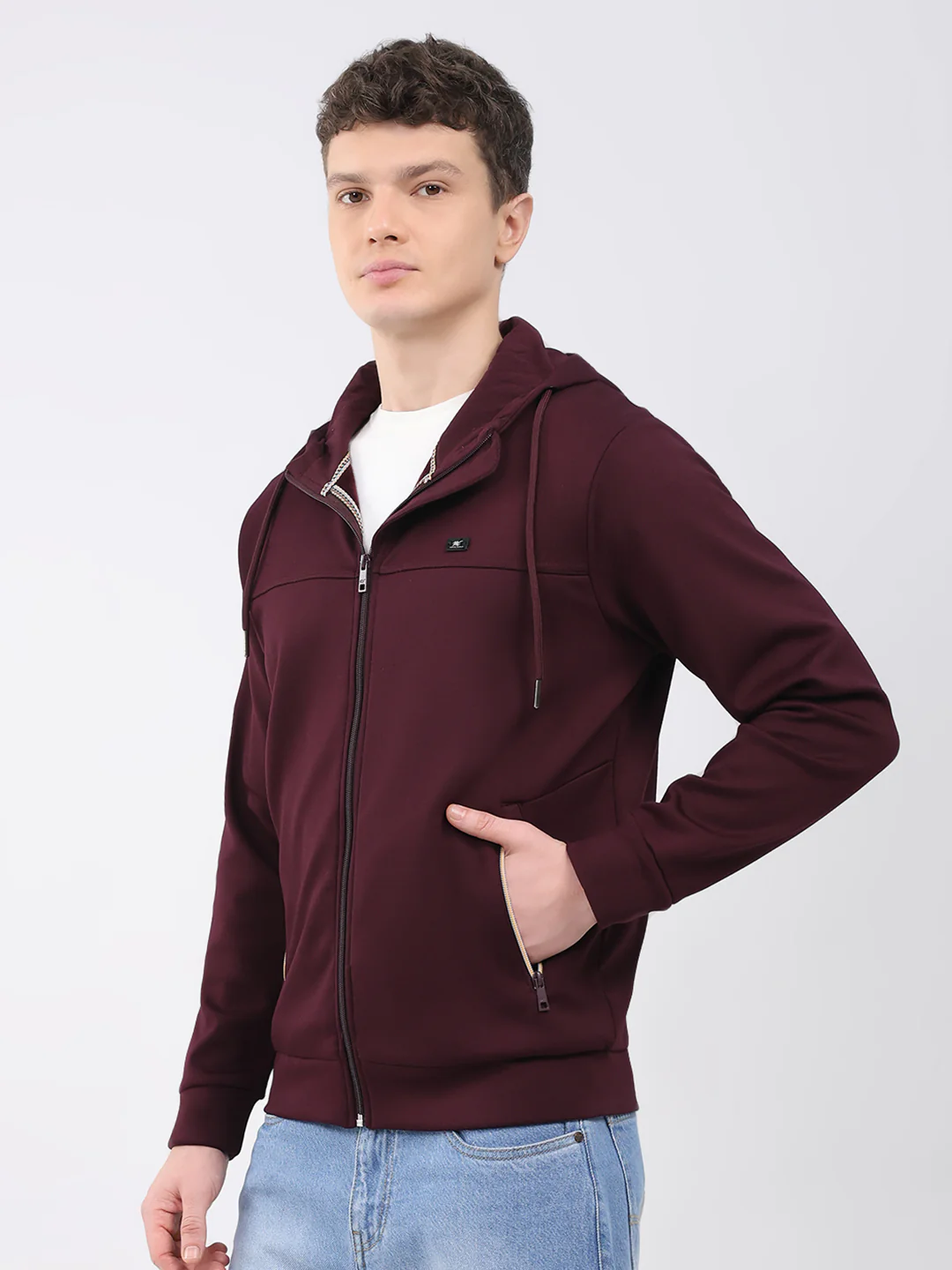 Men Maroon Solid Hooded Full Sleeve Sweatshirt - Image 3
