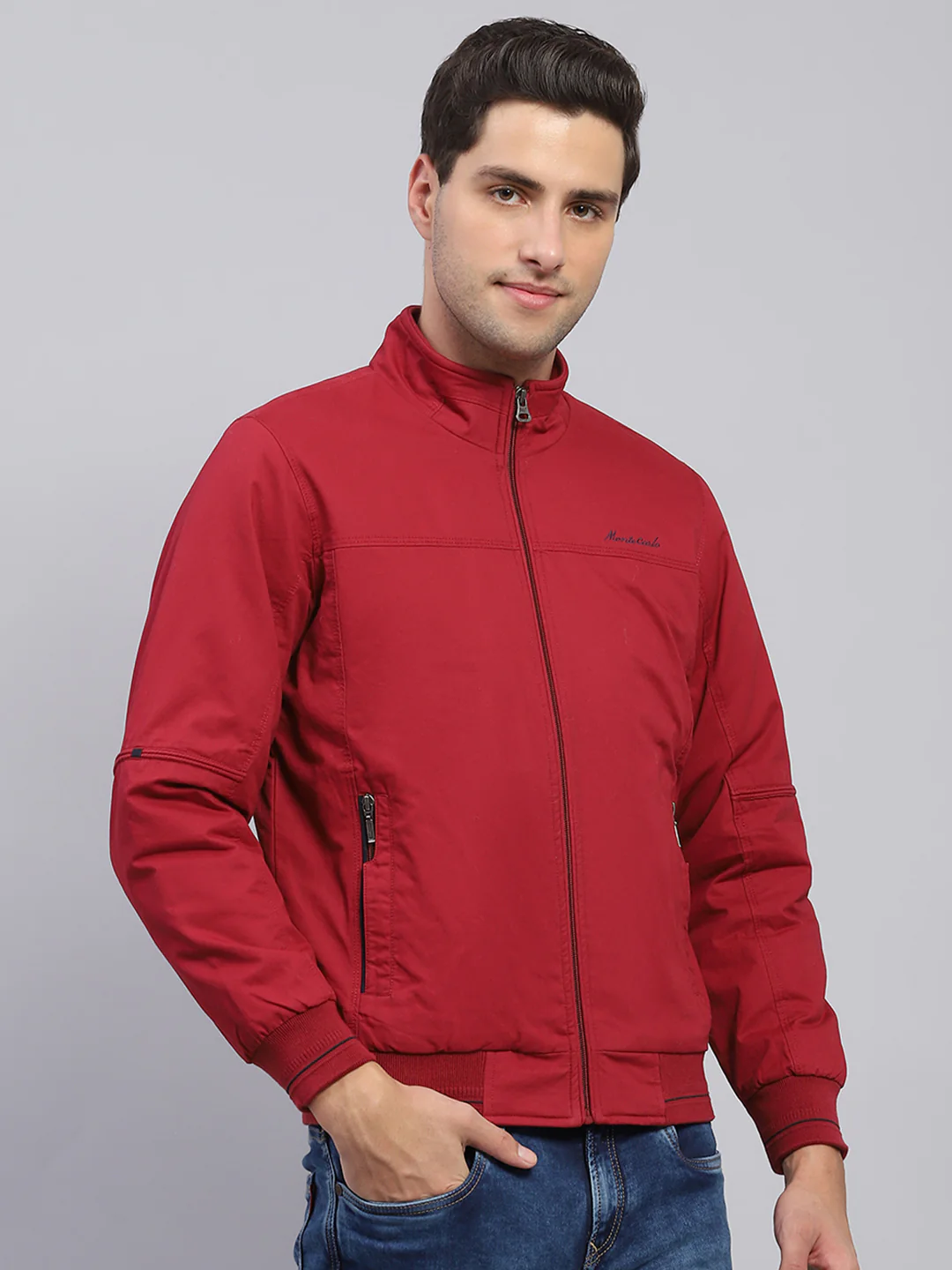 Men Maroon Solid Mock Neck Full Sleeve Jacket - Image 3
