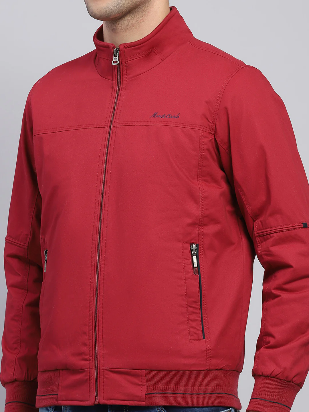 Men Maroon Solid Mock Neck Full Sleeve Jacket - Image 6