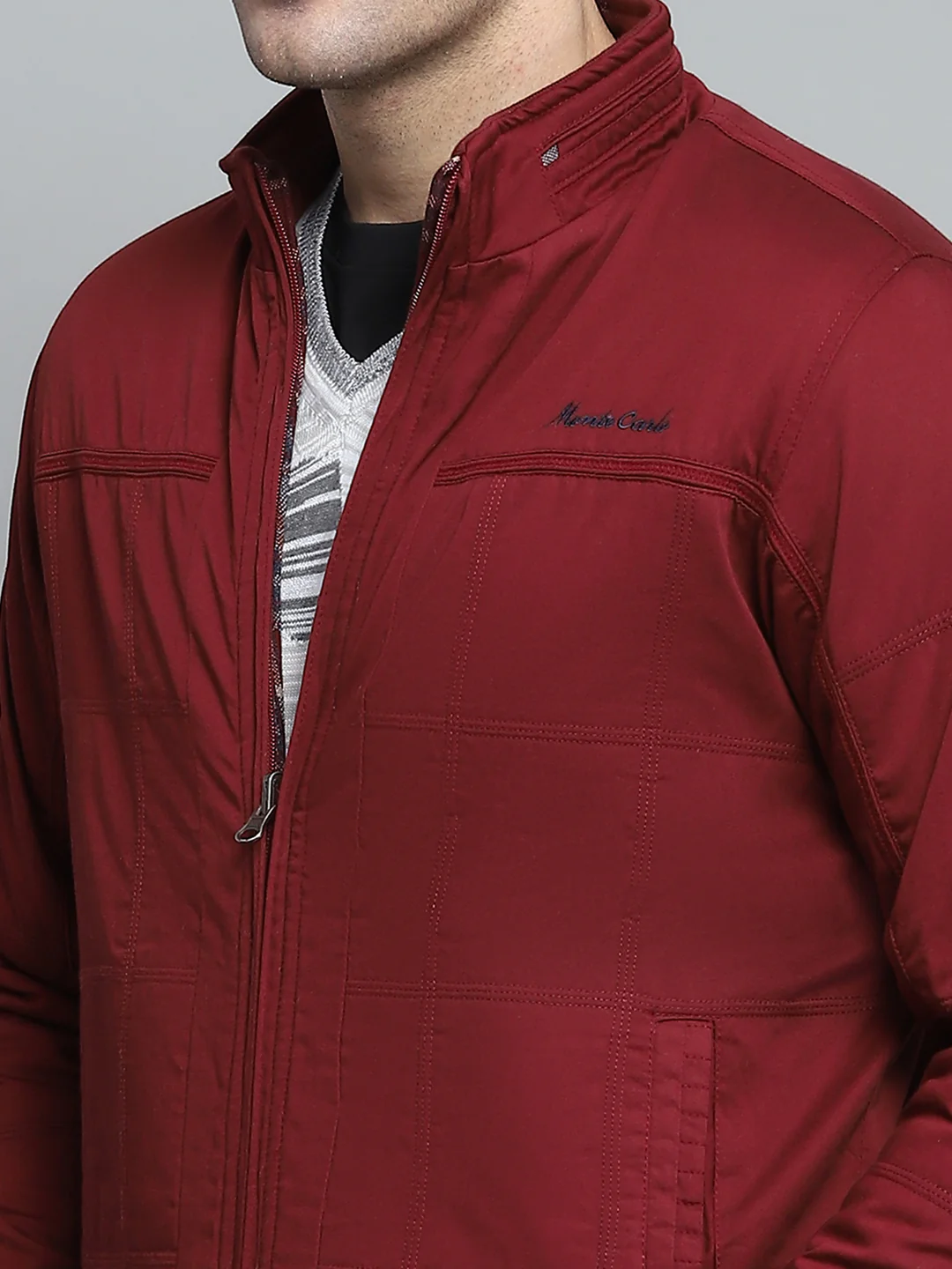 Men Maroon Solid Mock Neck Full Sleeve Jacket - Image 9