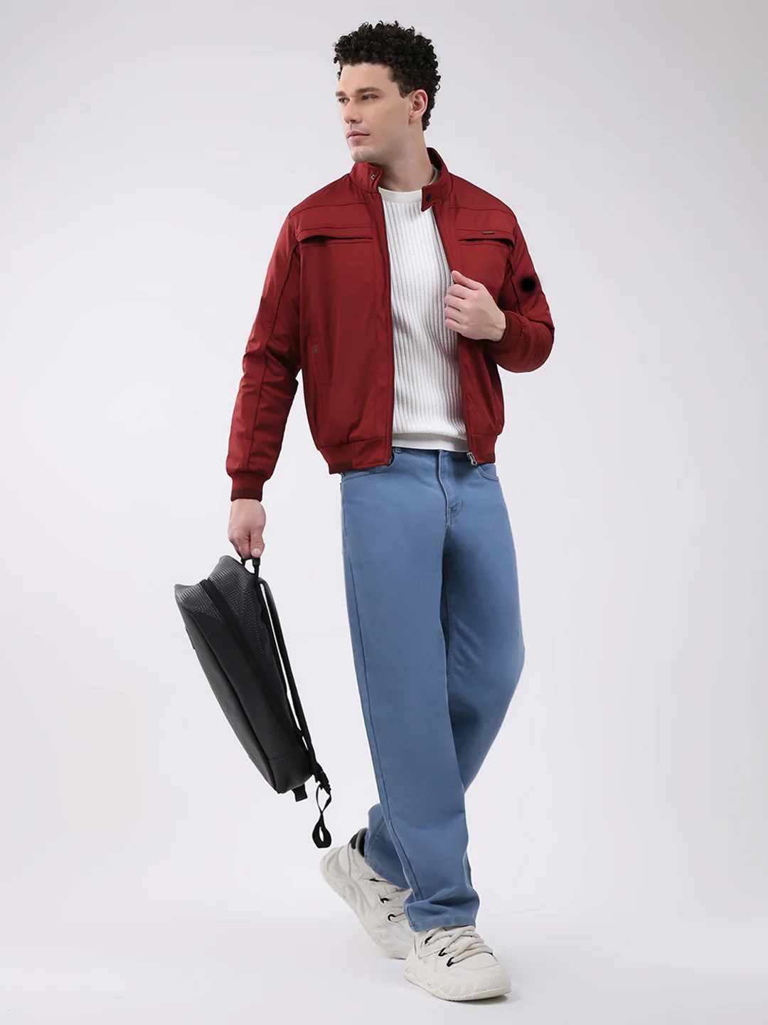 Men Maroon Solid Mock Neck Full Sleeve Jacket - Image 2