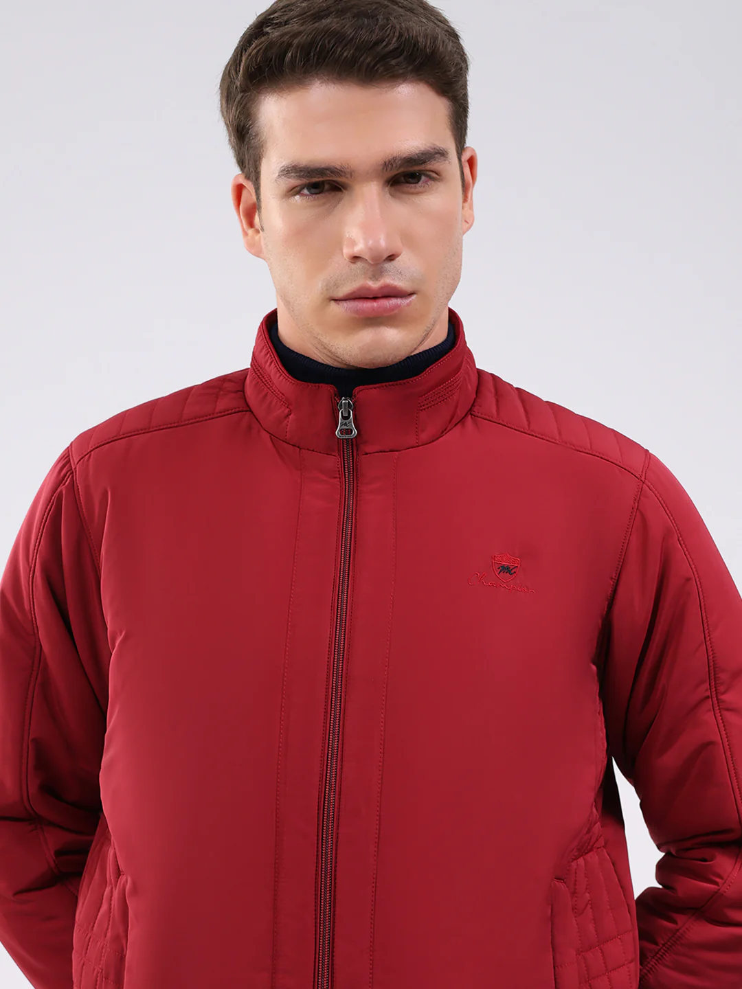 Men Maroon Solid Mock Neck Full Sleeve Jacket - Image 6