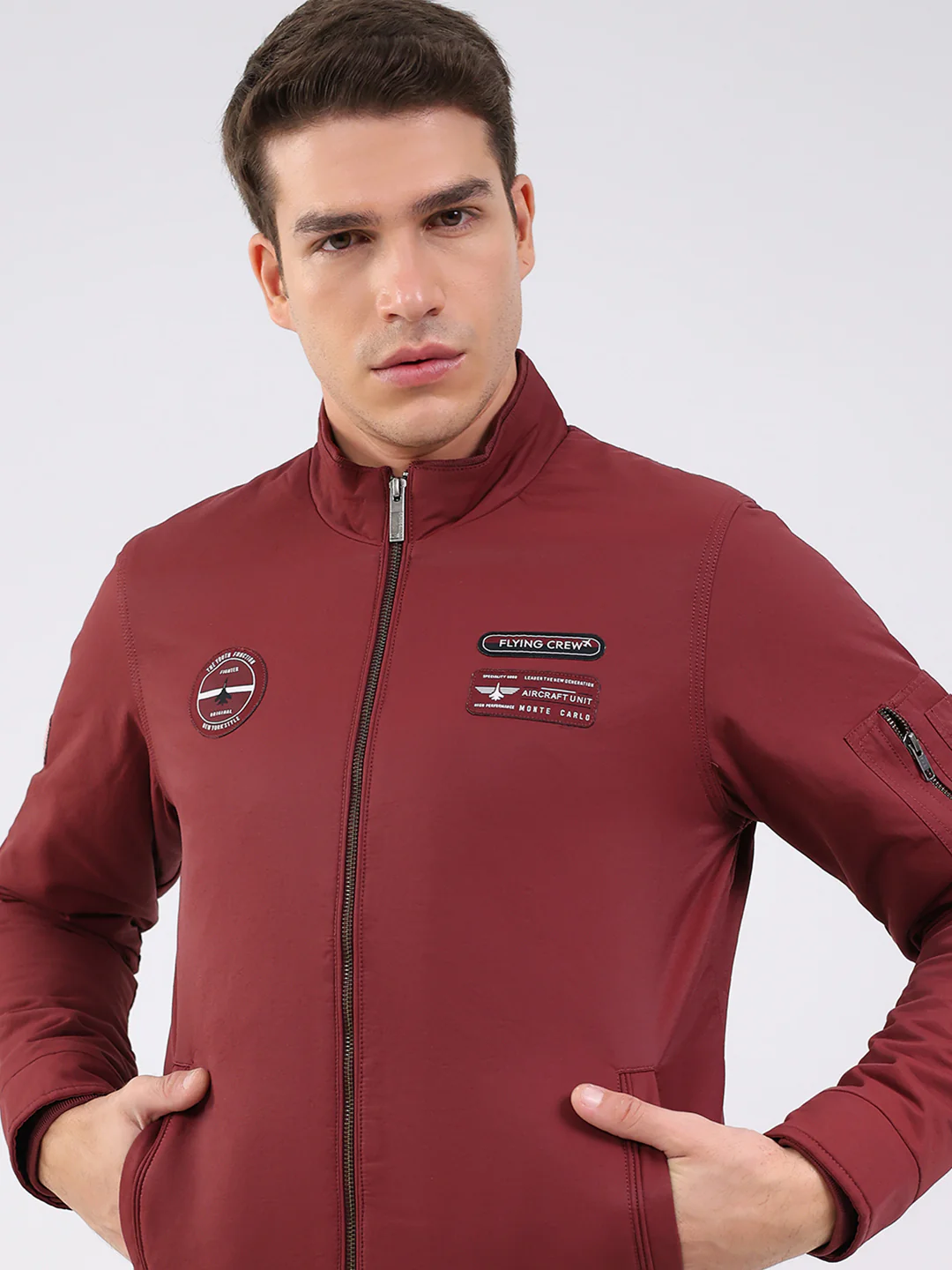 Men Maroon Solid Mock Neck Full Sleeve Jacket - Image 6