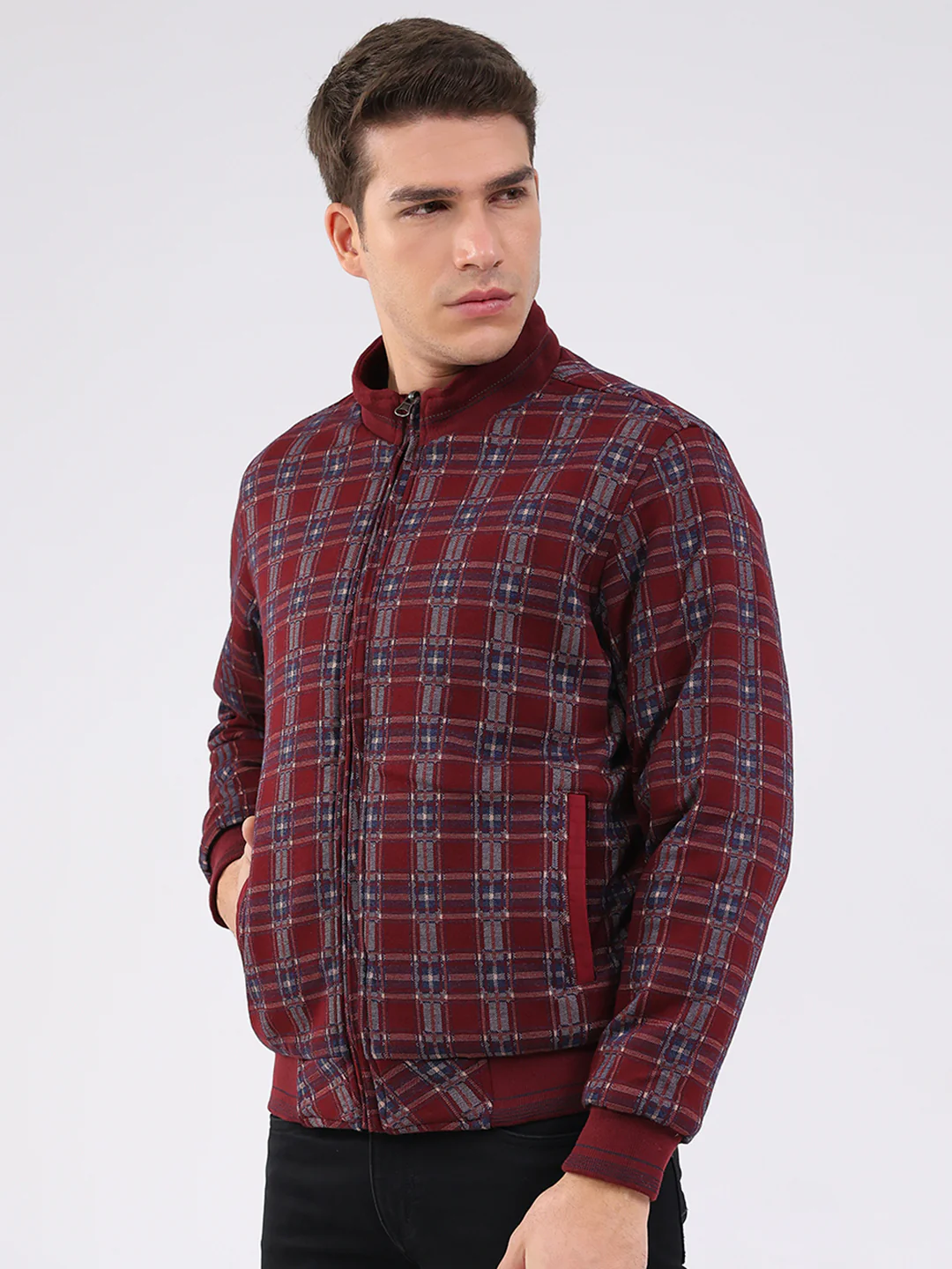 Men Maroon Solid Mock Neck Full Sleeve Jacket - Image 8