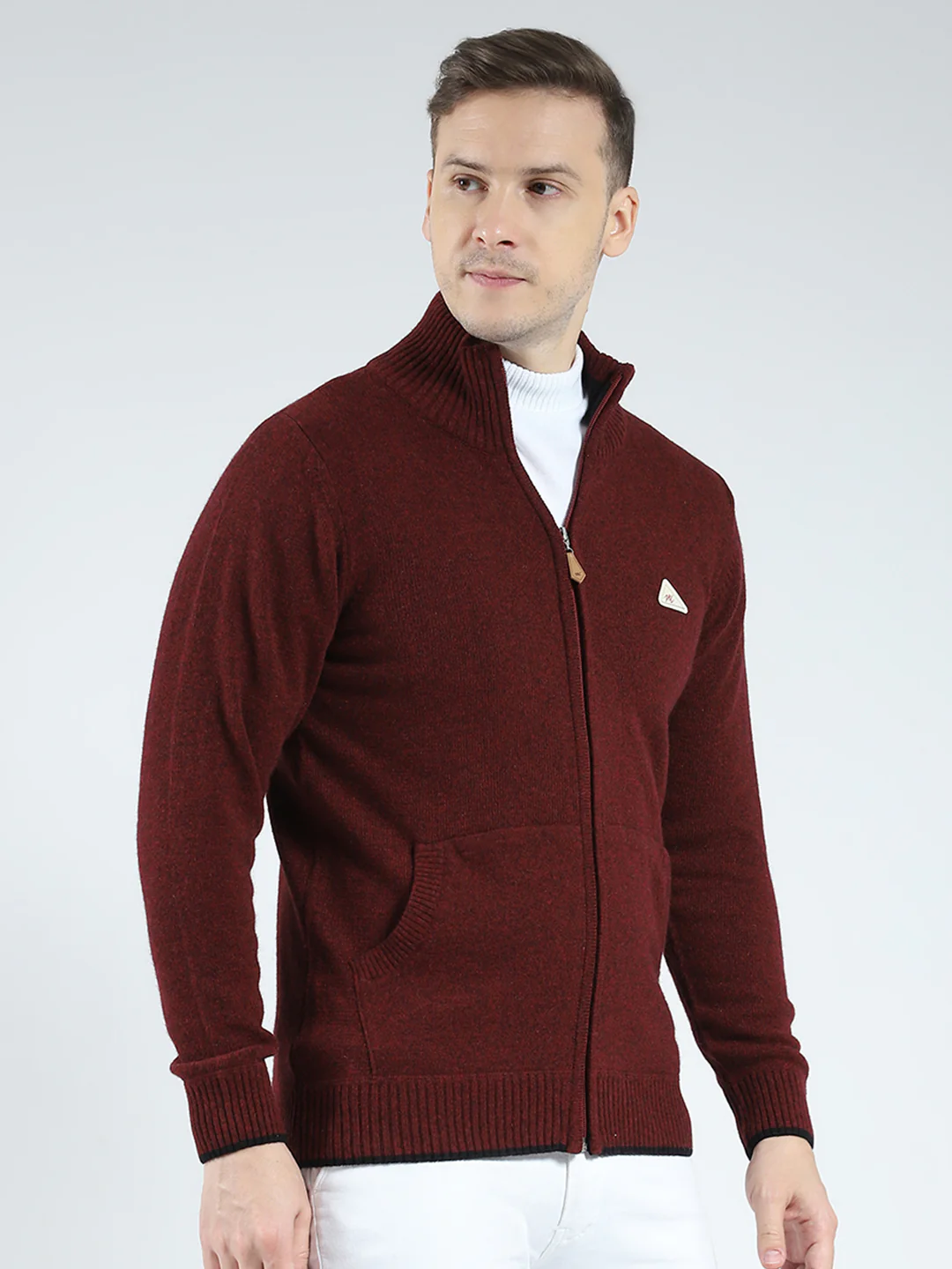 Men Maroon Solid Mock Neck Full Sleeve Pullover - Image 4