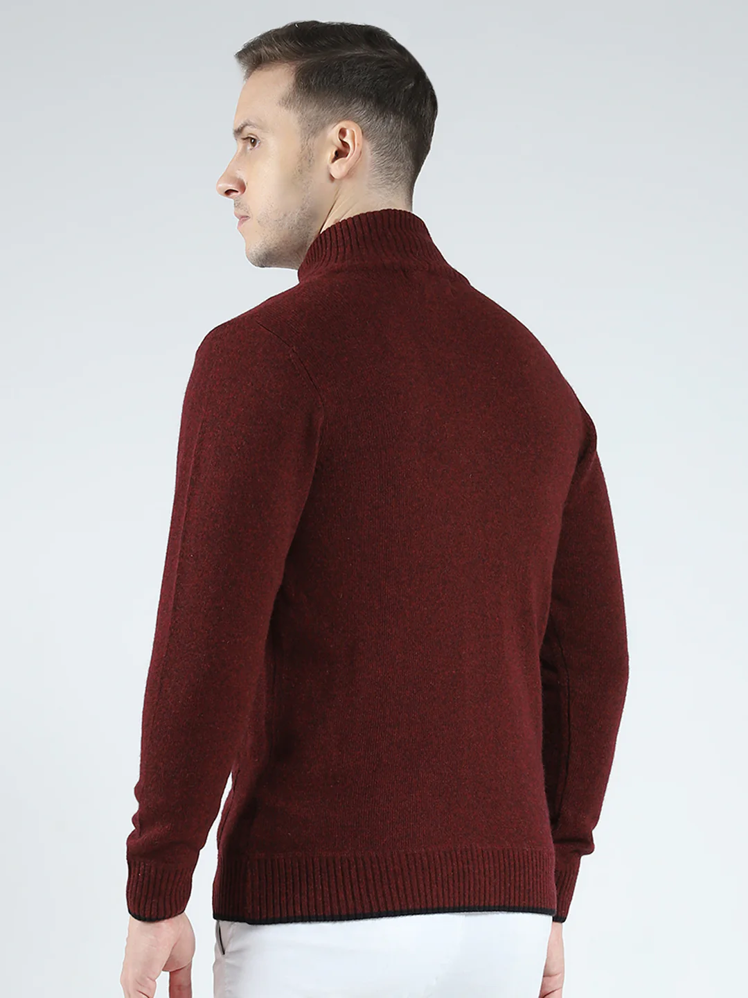 Men Maroon Solid Mock Neck Full Sleeve Pullover - Image 5