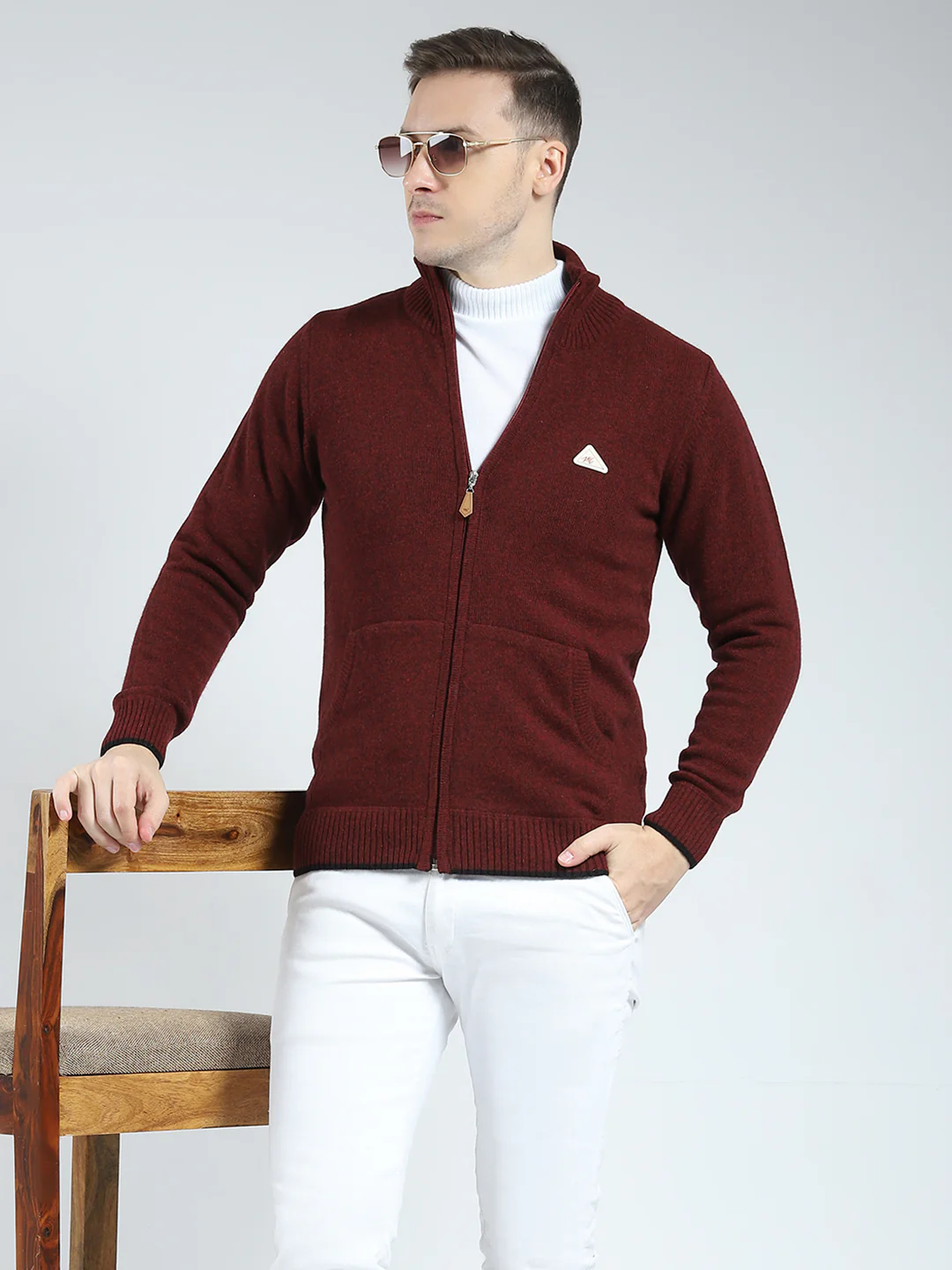Men Maroon Solid Mock Neck Full Sleeve Pullover - Image 6