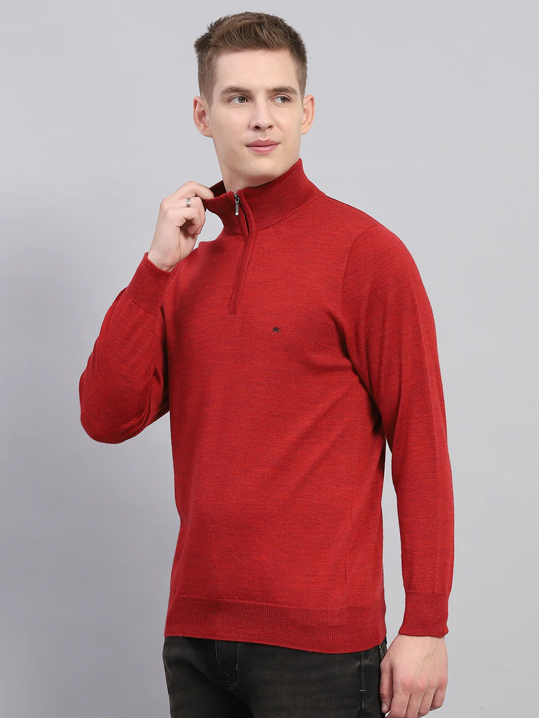 Men Maroon Solid Mock Neck Full Sleeve Pullover - Image 3