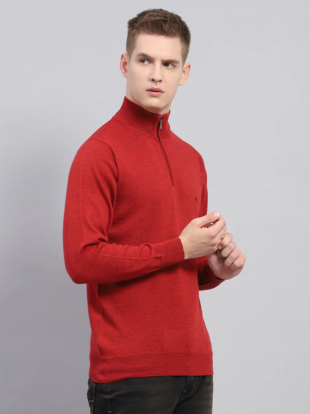 Men Maroon Solid Mock Neck Full Sleeve Pullover - Image 4