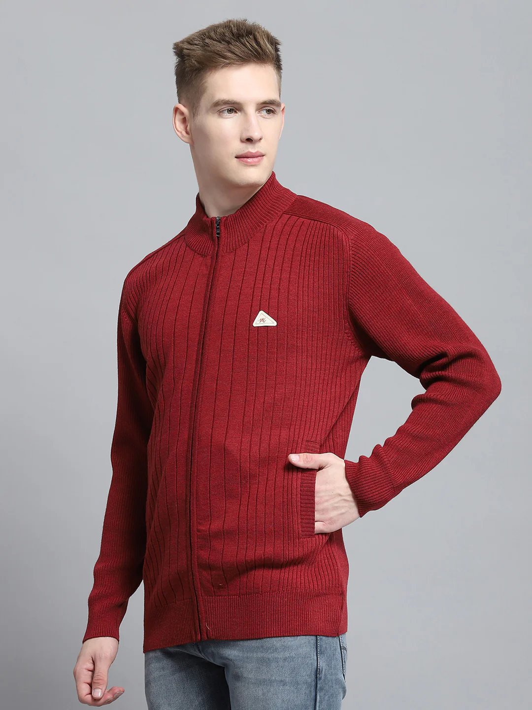 Men Maroon Solid Mock Neck Full Sleeve Pullover - Image 3