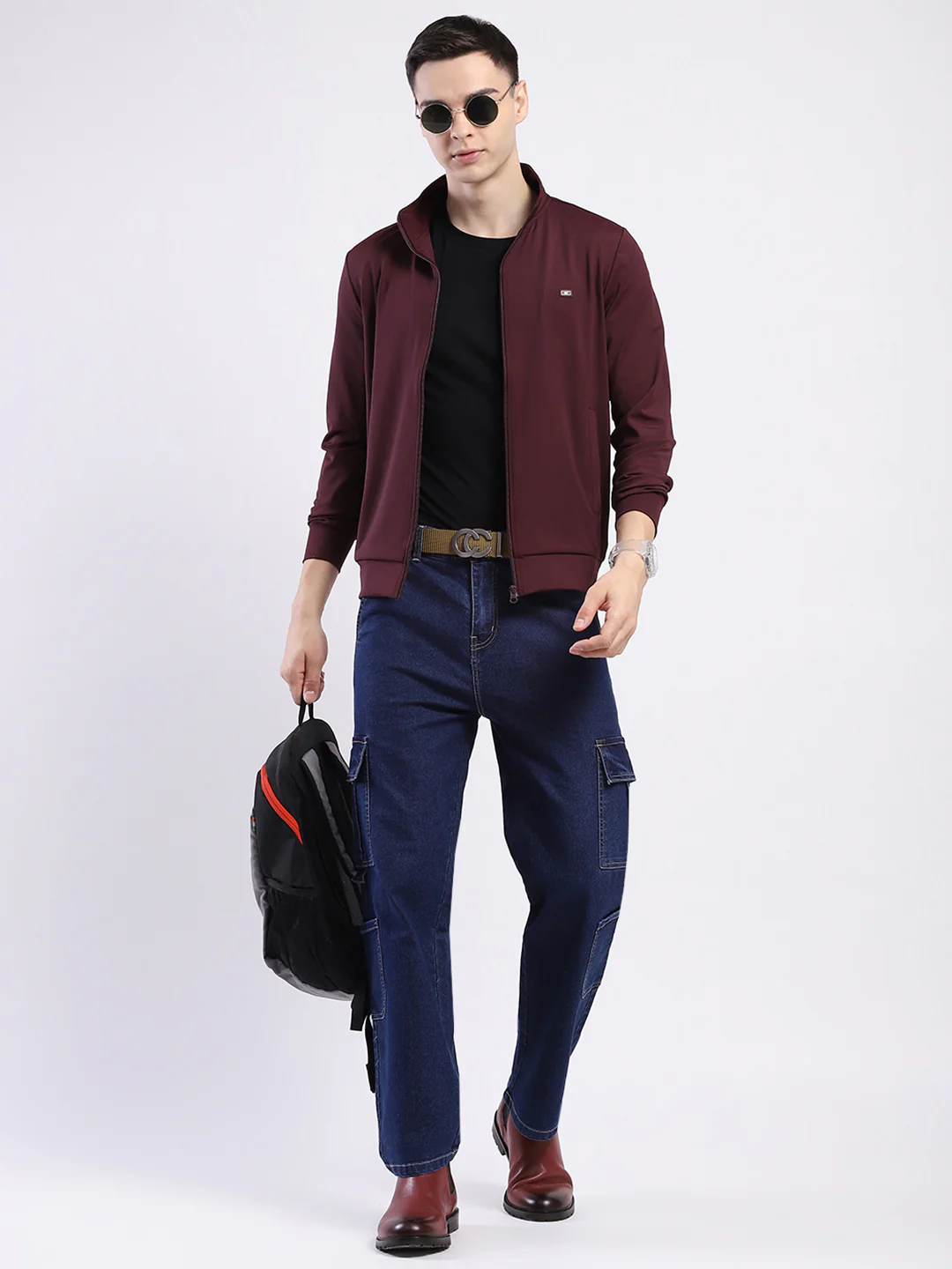 Men Maroon Solid Mock Neck Full Sleeve Winter T-Shirt - Image 2