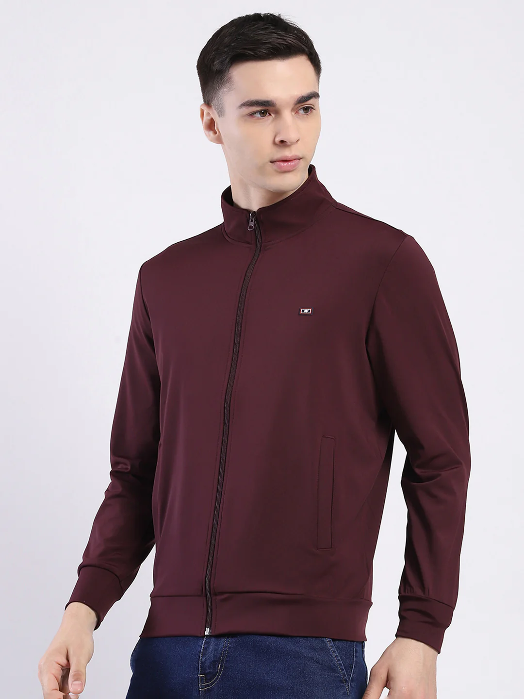Men Maroon Solid Mock Neck Full Sleeve Winter T-Shirt - Image 3