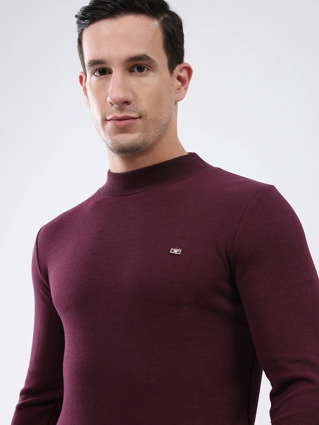 Men Maroon Solid Mock Neck Full Sleeve Winter T-Shirt - Image 6