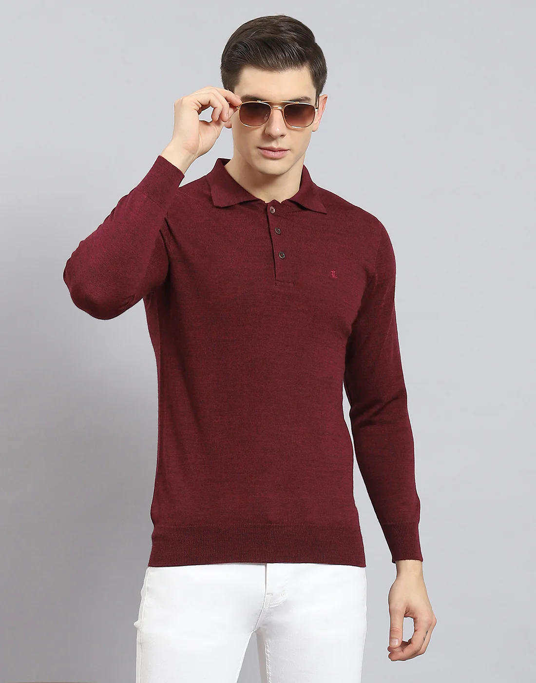 Men Maroon Solid Polo Collar Full Sleeve T-Shirt - Image 2