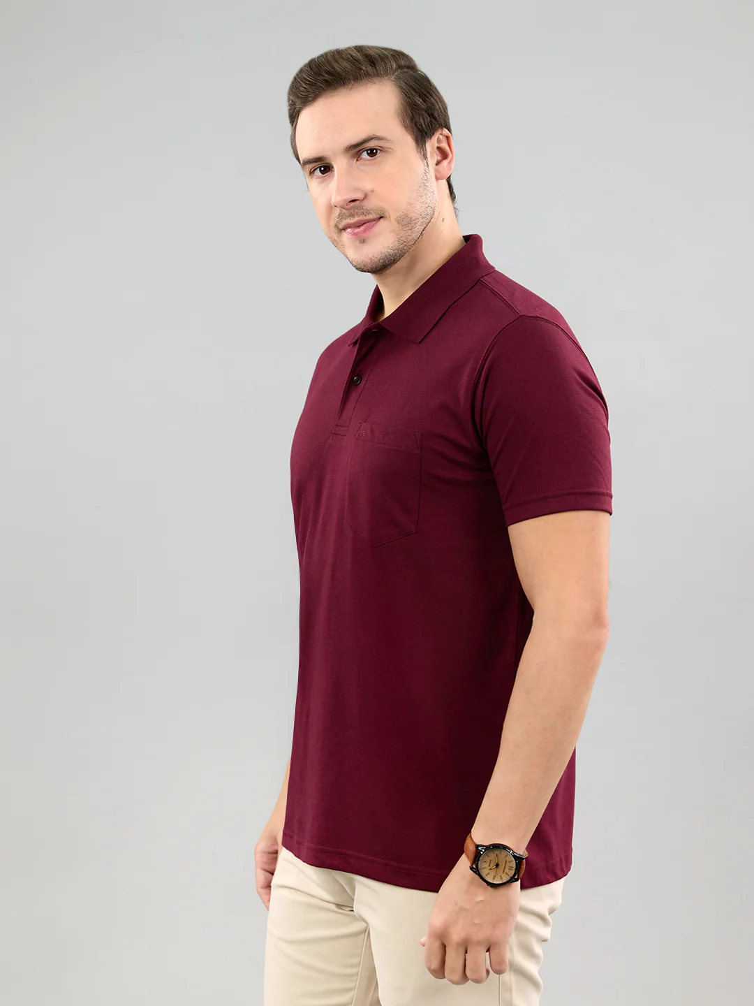 Men Maroon Solid Polo Collar Half Sleeve T-Shirt - Image 2