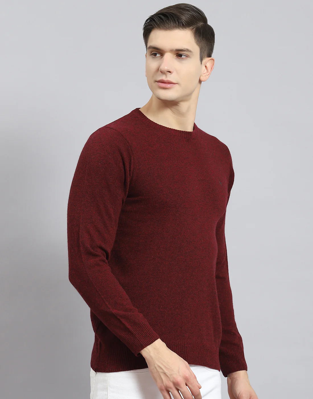 Men Maroon Solid Round Neck Full Sleeve Sweater - Image 6
