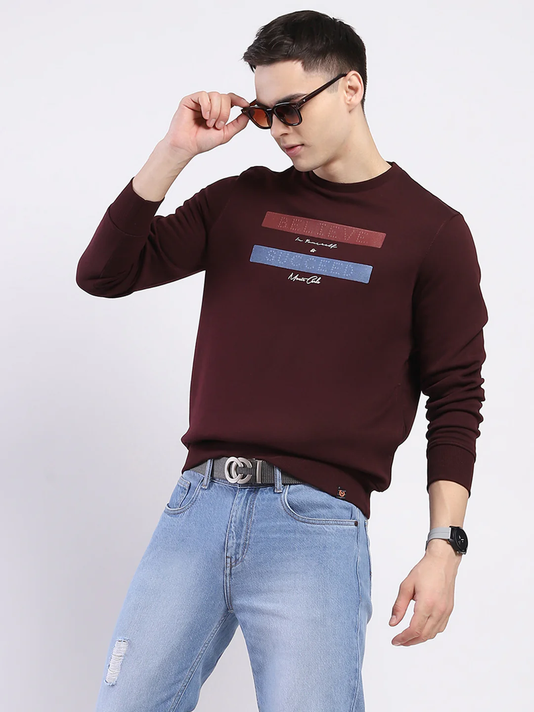 Men Maroon Solid Round Neck Full Sleeve Sweatshirt - Image 6