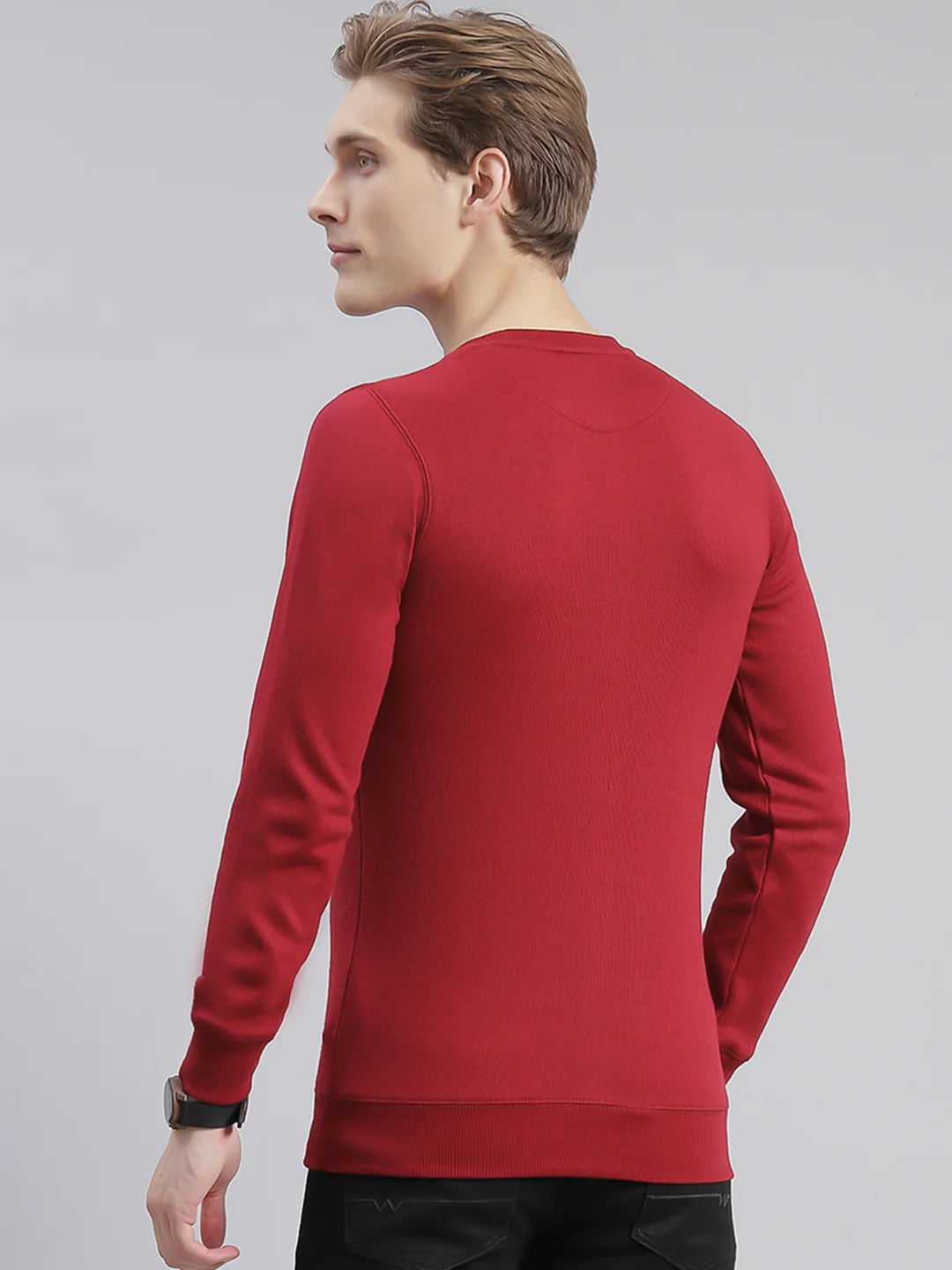 Men Maroon Solid Round Neck Full Sleeve T-Shirts - Image 5