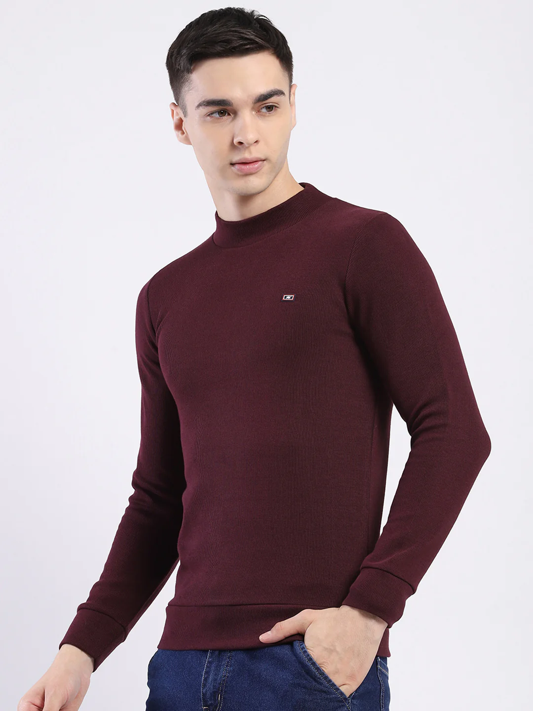 Men Maroon Solid Round Neck Full Sleeve Winter T-Shirt - Image 3