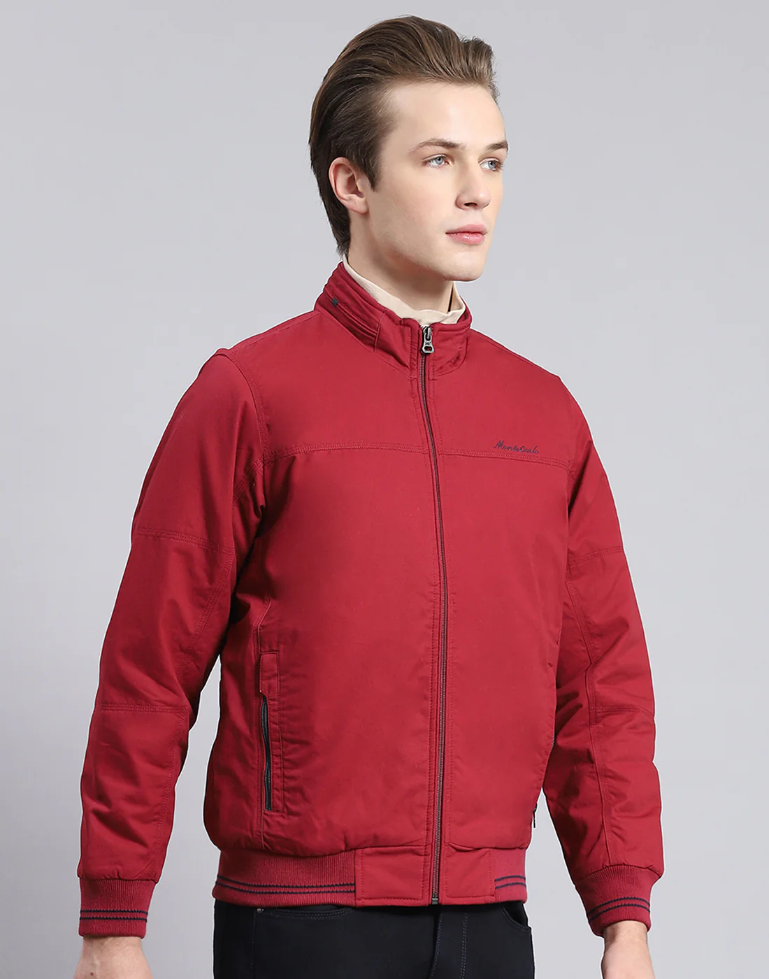 Men Maroon Solid Stand Collar Full Sleeve Jacket - Image 4