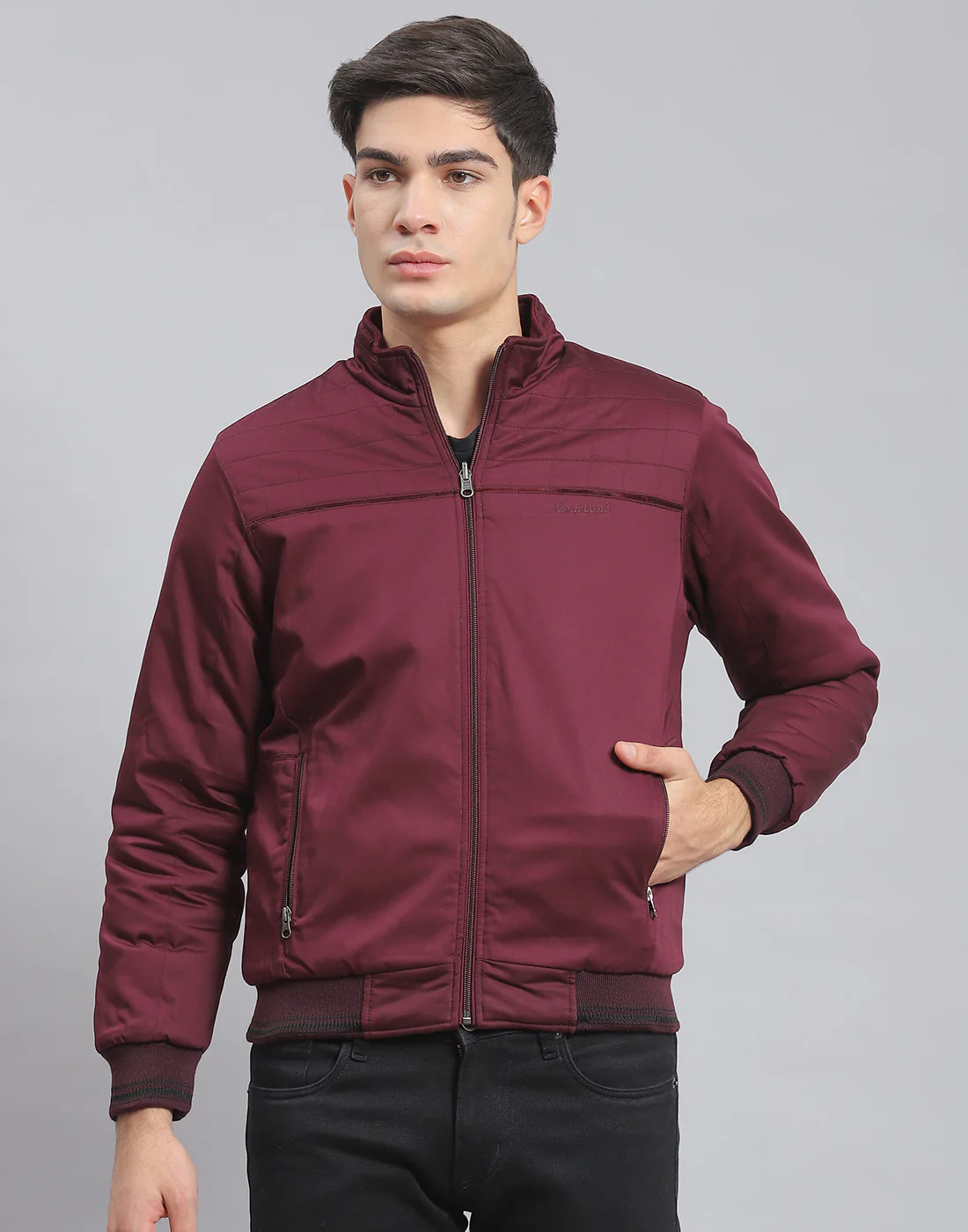 Men Maroon Solid Stand Collar Full Sleeve Jacket - Image 2