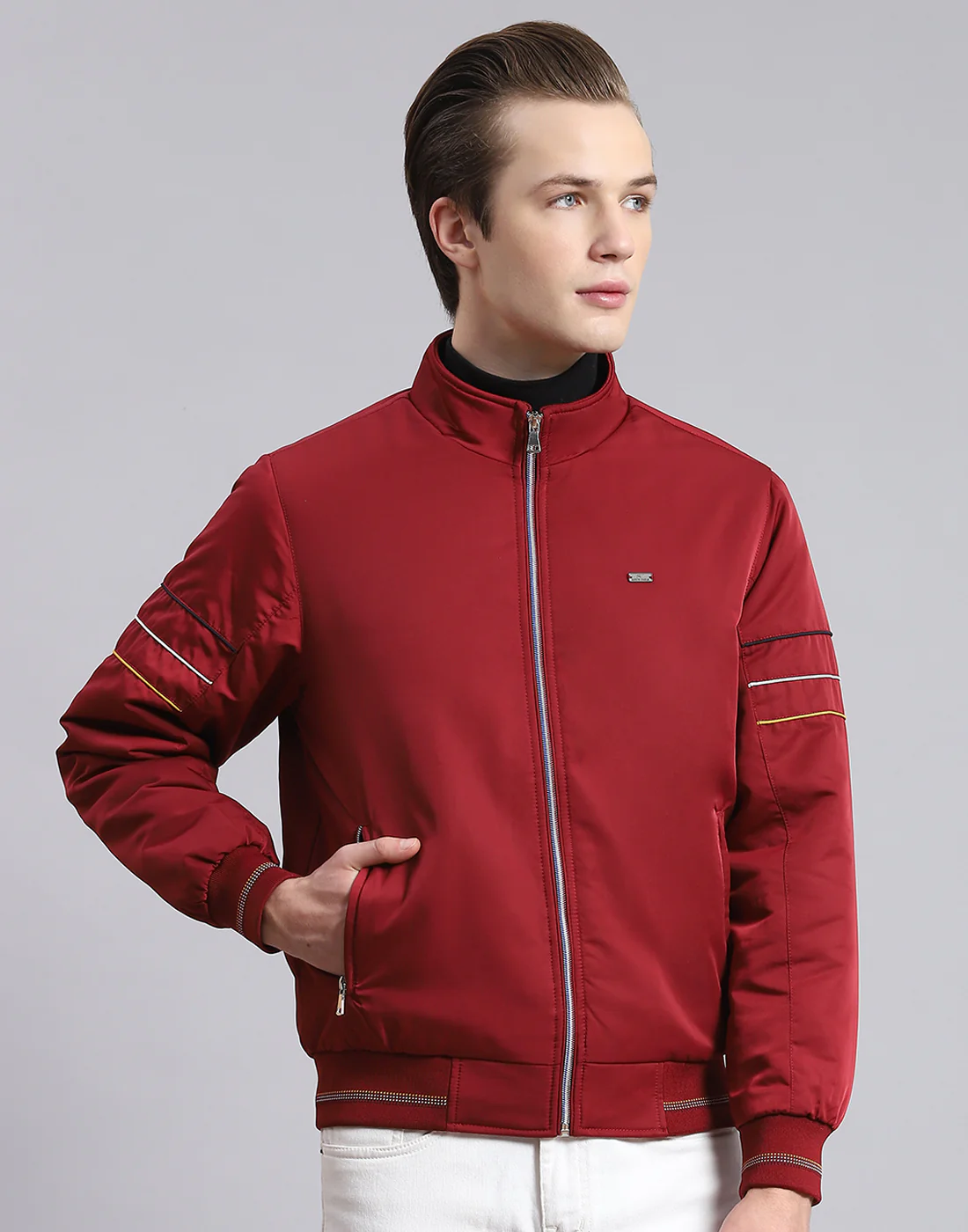 Men Maroon Solid Stand Collar Full Sleeve Jacket - Image 2
