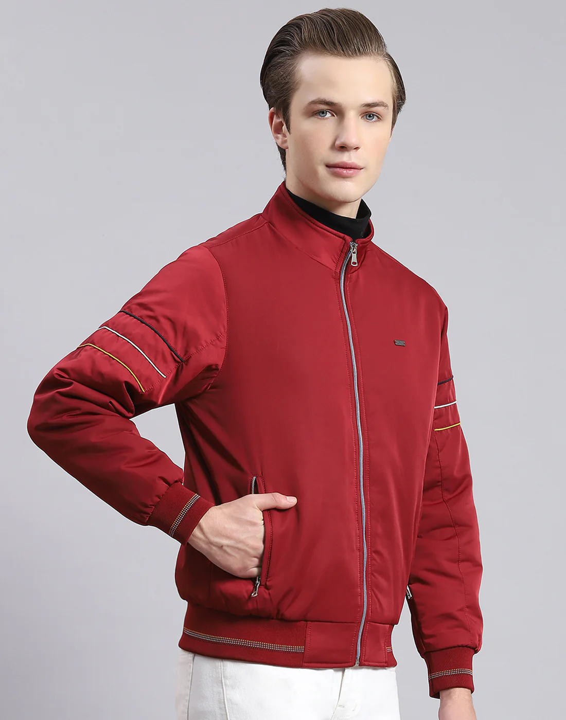 Men Maroon Solid Stand Collar Full Sleeve Jacket - Image 4