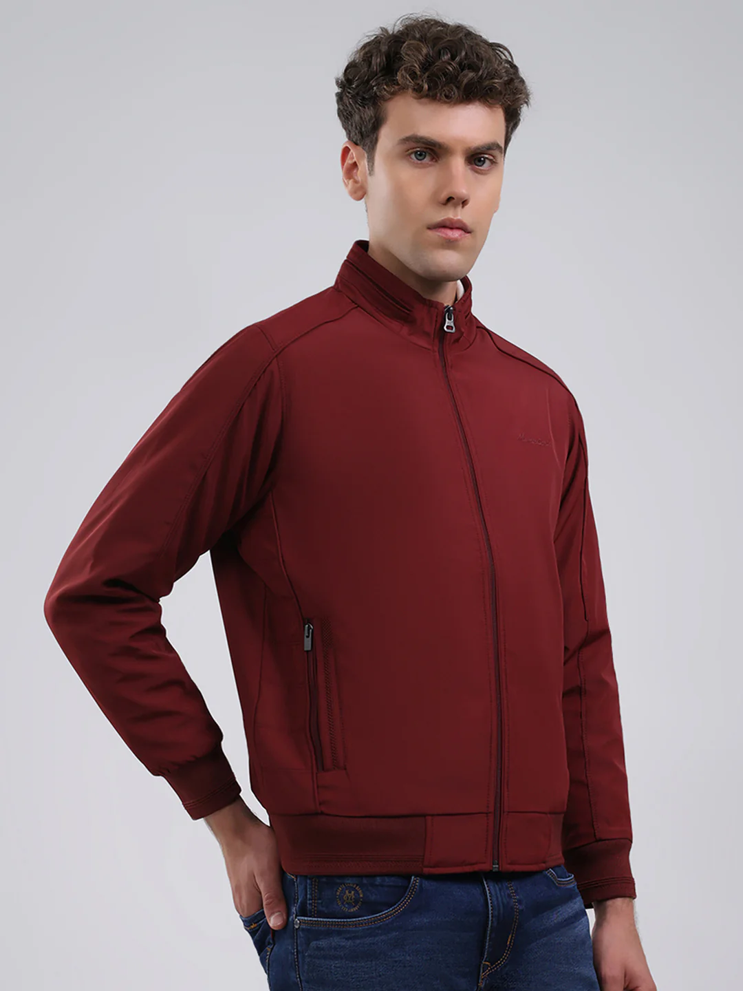 Men Maroon Solid Stand Collar Full Sleeve Jacket - Image 4