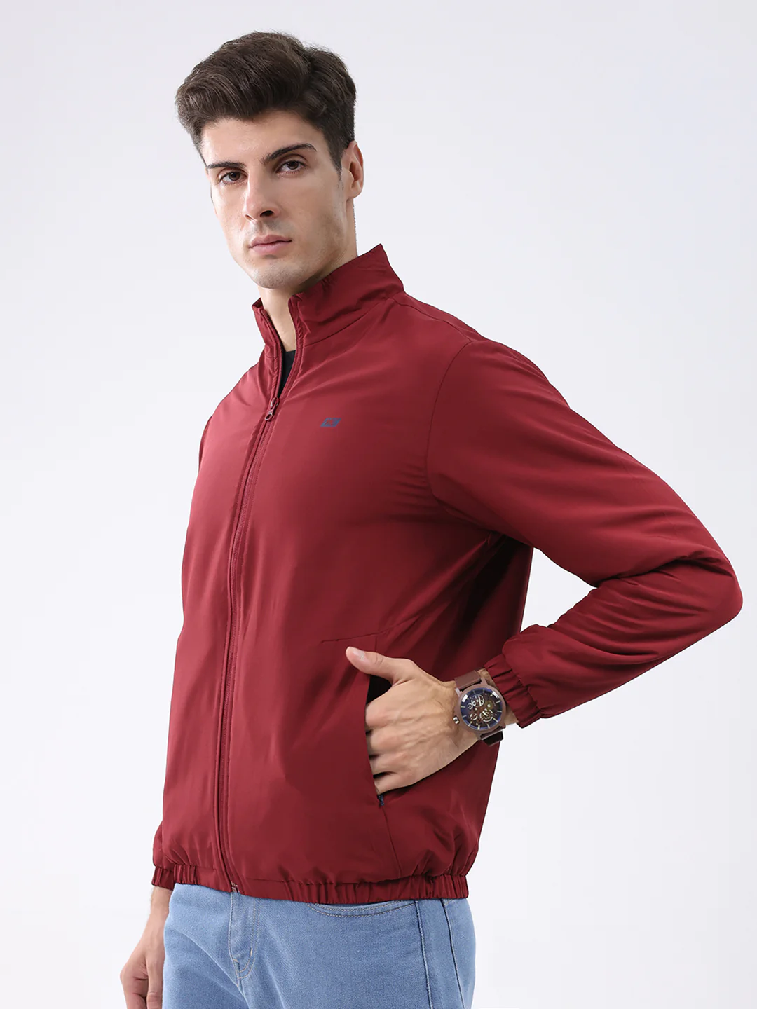Men Maroon Solid Stand Collar Full Sleeve Jacket - Image 3
