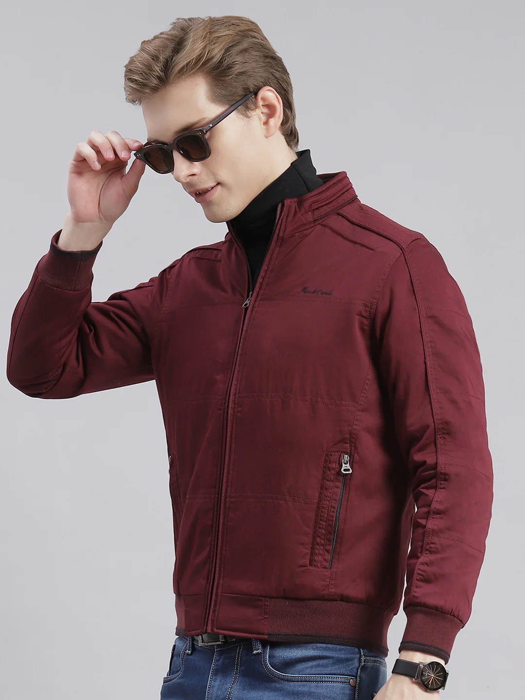 Men Maroon Solid Stand Collar Full Sleeve Jackets - Image 3