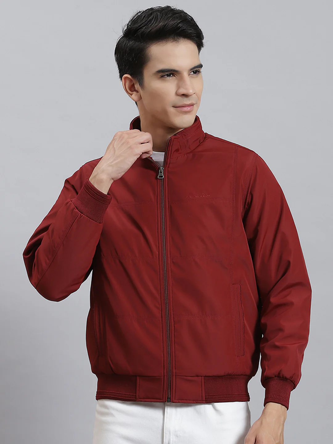 Men Maroon Solid Stand Collar Full Sleeve Jackets - Image 2