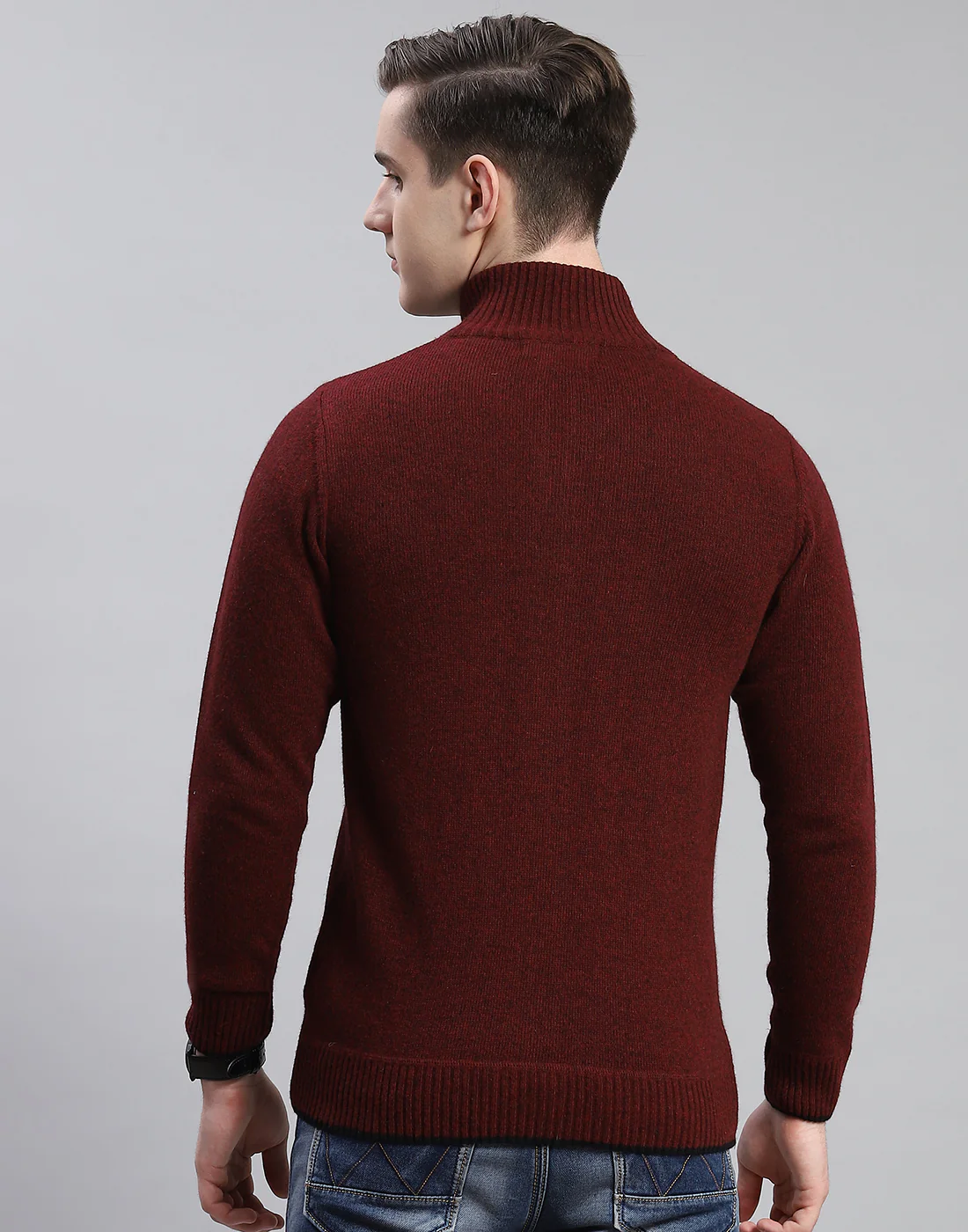 Men Maroon Solid Stand Collar Full Sleeve Pullover - Image 6