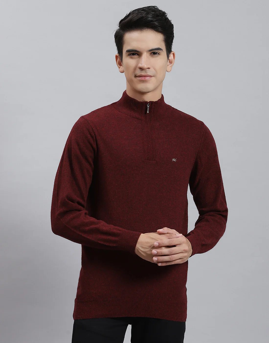 Men Maroon Solid Stand Collar Full Sleeve Pullover - Image 2