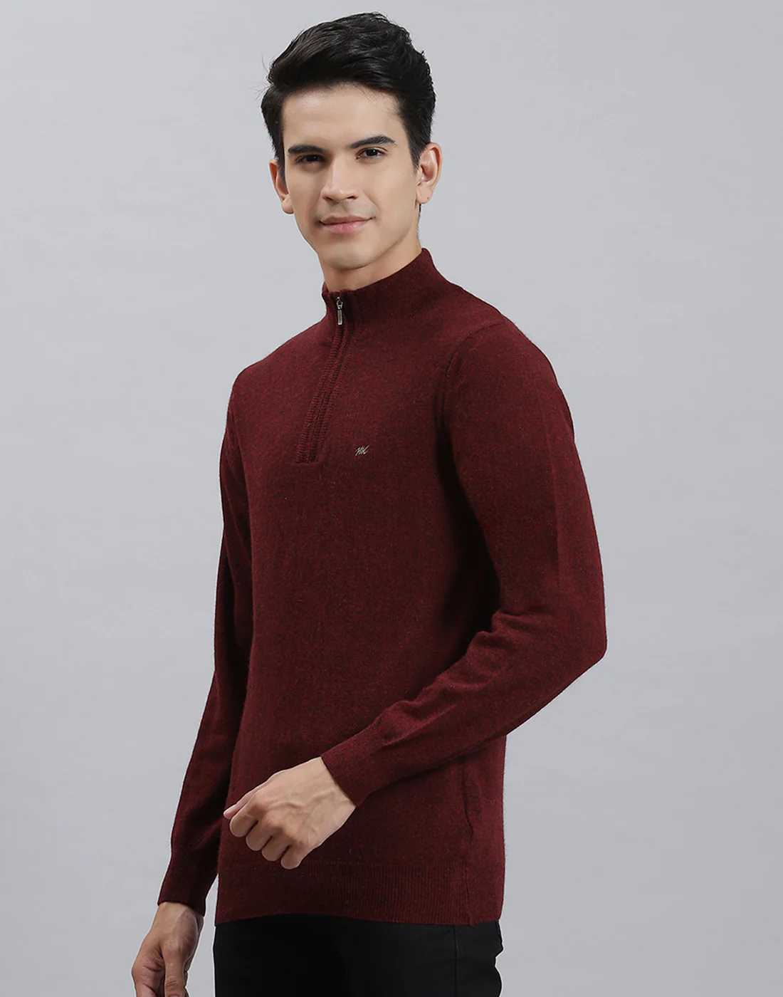 Men Maroon Solid Stand Collar Full Sleeve Pullover - Image 3