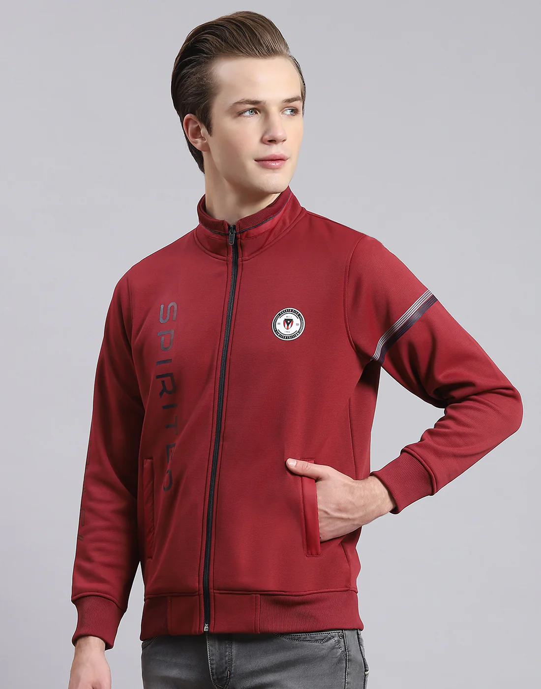 Men Maroon Solid Stand Collar Full Sleeve Sweatshirt - Image 3