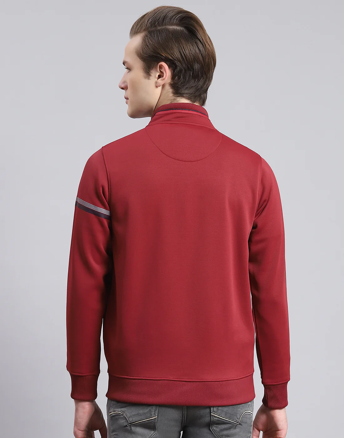 Men Maroon Solid Stand Collar Full Sleeve Sweatshirt - Image 5