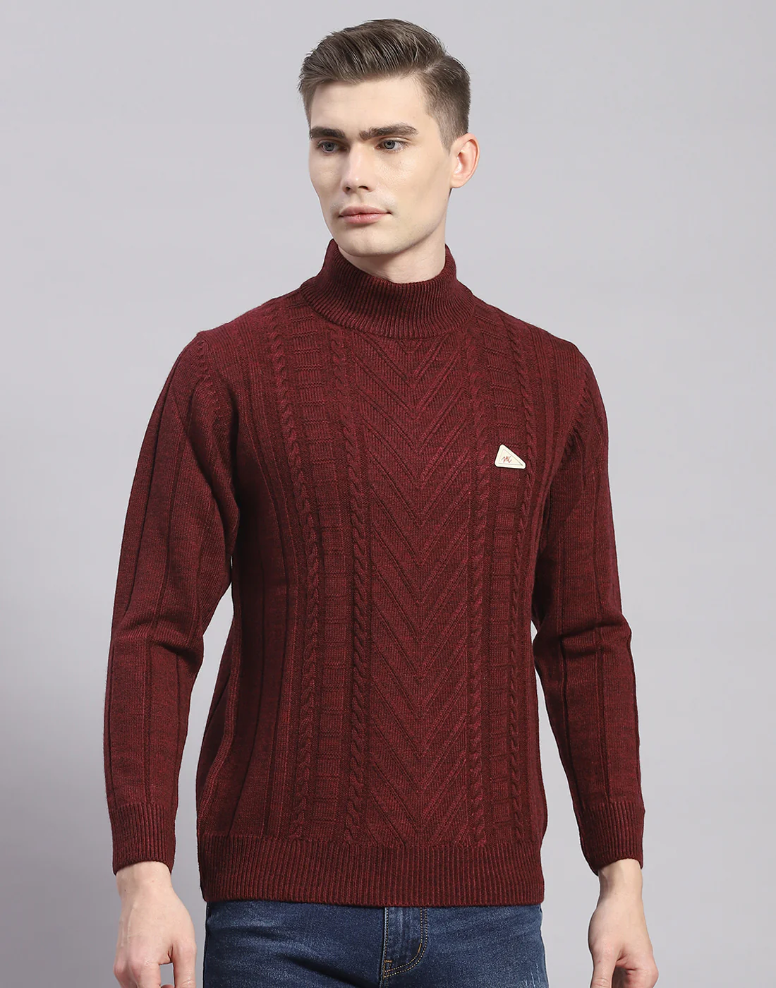 Men Maroon Solid T Neck Full Sleeve Pullover - Image 3