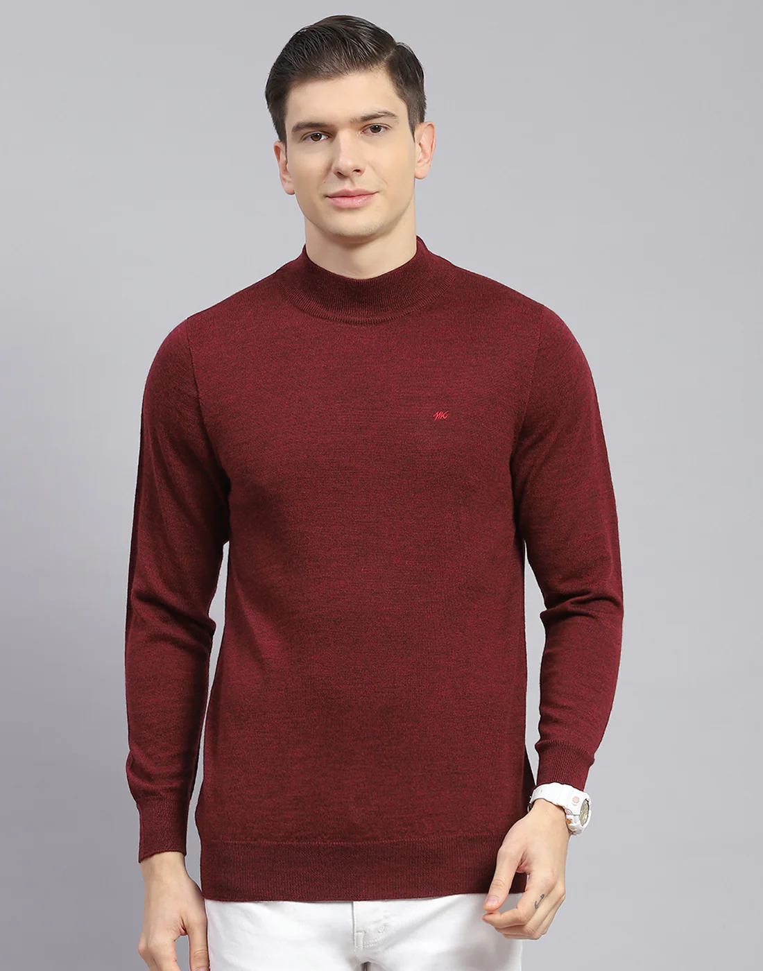 Men Maroon Solid T Neck Full Sleeve Sweater - Image 3