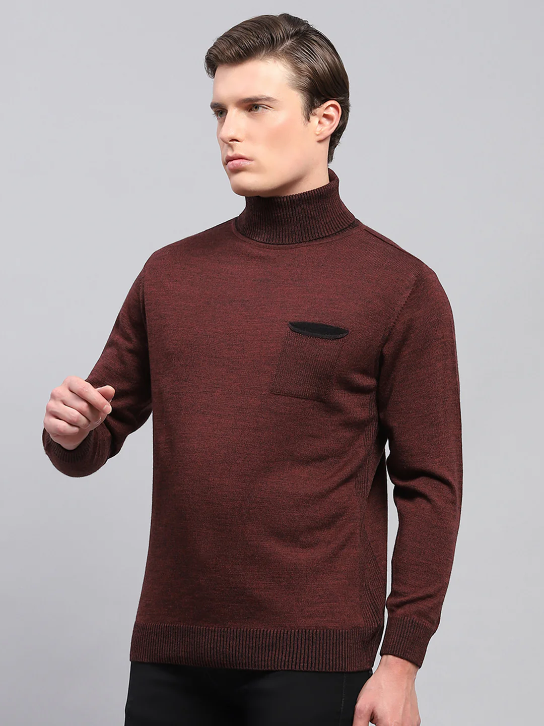 Men Maroon Solid Turtle Neck Full Sleeve Pullover - Image 3