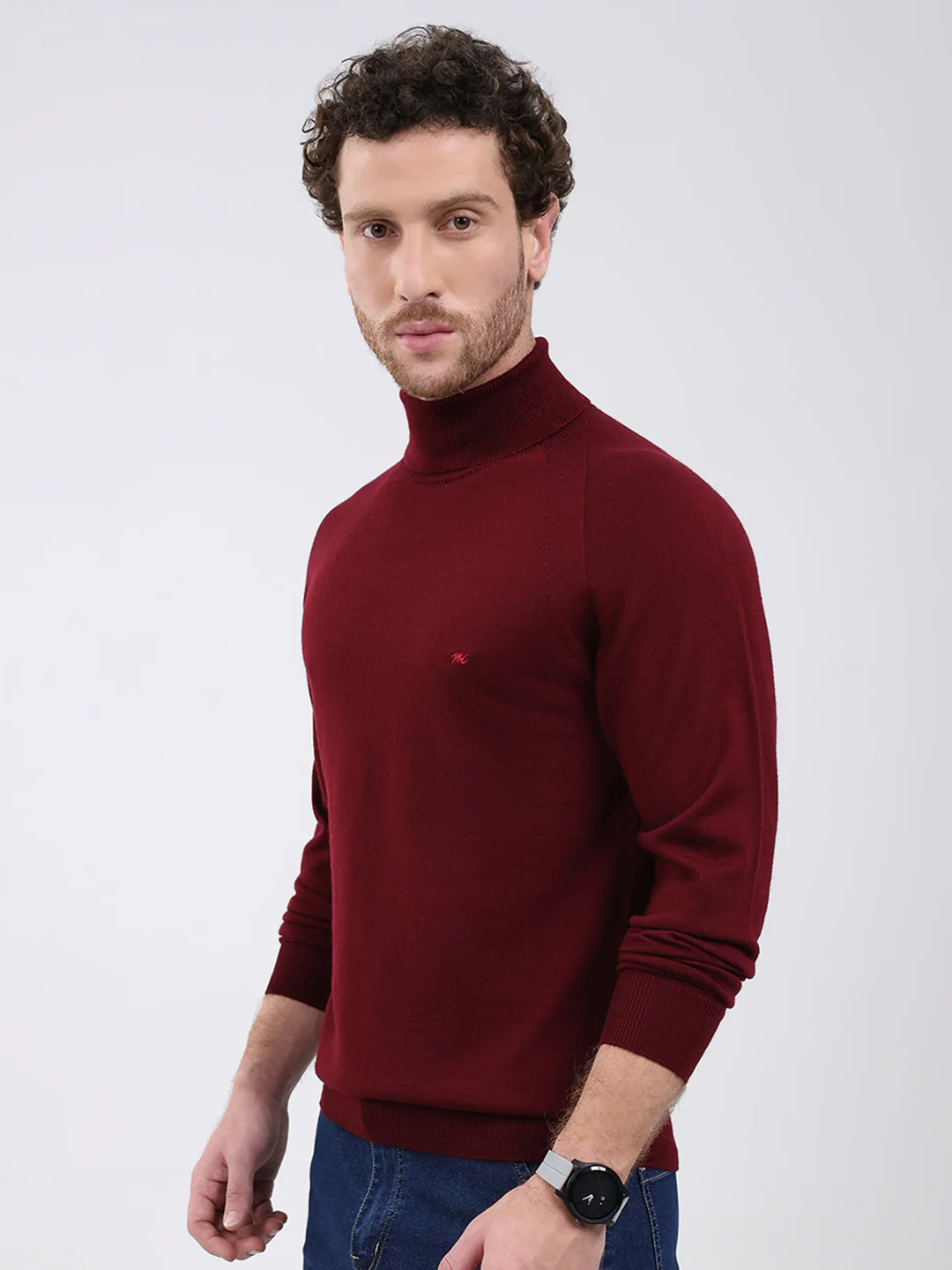 Men Maroon Solid Turtle Neck Full Sleeve Pullover - Image 3